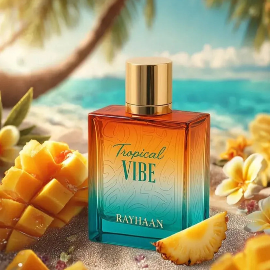 TROPICAL VIBE RAYHAAN 100ML-Mango, Ananas i Bergamot;Kokos; Mchy, Ambra, Drzewo Sandałowe i Wetiver.