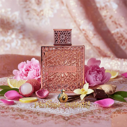 PROFUMO ARABO DIVINE RAYHAAN Bergamotto, zenzero, litchi, Peonia, rosa, vaniglia, Cioccolato, patchouli.