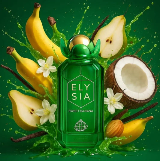 PROFUMO ARABO ELYSIA SWEET BANANA-Banana e Pera; le note di cuore sono Cocco e Gelsomino; le note di base sono Vaniglia e Sandalo.