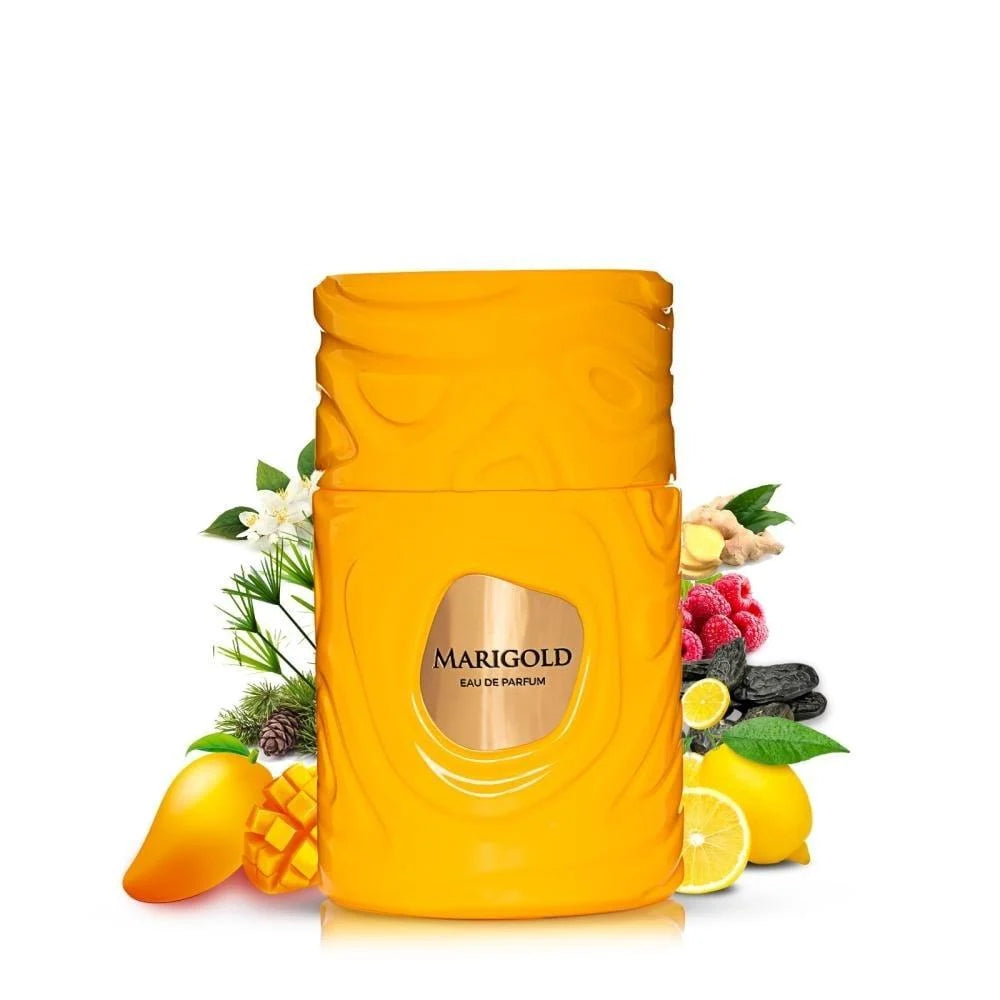 MARIGOLD LE BONHEUR EDP 100ML-Soleil de Jeddah - Mango Kiss-Mango, Owoce Czerwone, Imbir i Cytryna; Kumaryna, Drewno Cedrowe i Jaśmin; Ambra, Olej z Cypriolu lub Nagarmotha i Piżmo.
