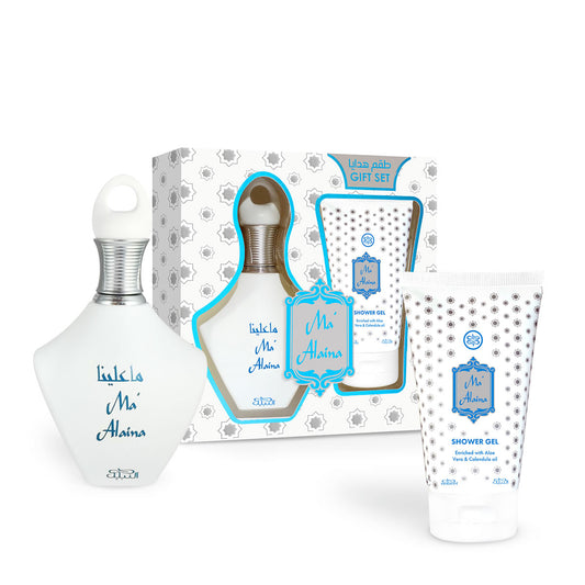 NABEEL GIFTSET MAALAINA EDP 100ML + SHOWER GEL- Bergamotto, Pompelmo, Mandarino, Agrumi, Elemi, Rosa, Ylang-ylang.  Note di cuore: Violetta, Garofano, Note floreali, Mughetto, Gelsomino.  Note di fondo: Patchouli, Musk, Sandalo, Note legnose, Vaniglia.