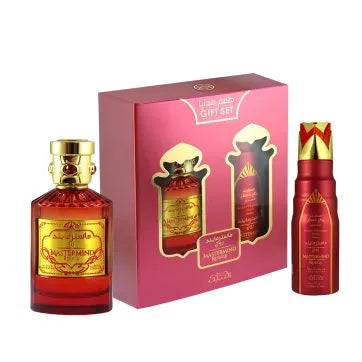 Nabeel mastermind rouge giftset Profumo 100ml+Deo spray-Note Verdi, Bergamotto, Cardamomo e Cuoio; le note di cuore sono Gelsomino, Legno di Cedro, Ylang Ylang e Patchouli; le note di base sono Muschio, Note Legnose e Dolciumi.