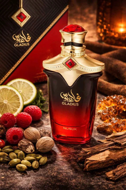 GLADIUS NUSUK EXTRAIT 100ML-Lampone, Tangerino e Bergamotto;Cardamomo e Noce Moscata;Legno di Cedro, Ambra e Pelle Scamosciata.