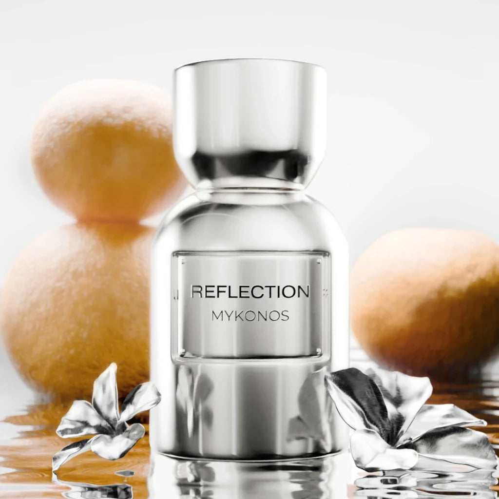 MYKONOS REFLECTION EXTRAIT 50ML-Pompelmo, Mandarino, Note Fruttate, Bergamotto e Note Verdi; Pesca, Geranio, Patchouli, Gelsomino e Rosa; Muschio, Ambra, Sandalo, Legno di Cedro e Vaniglia.