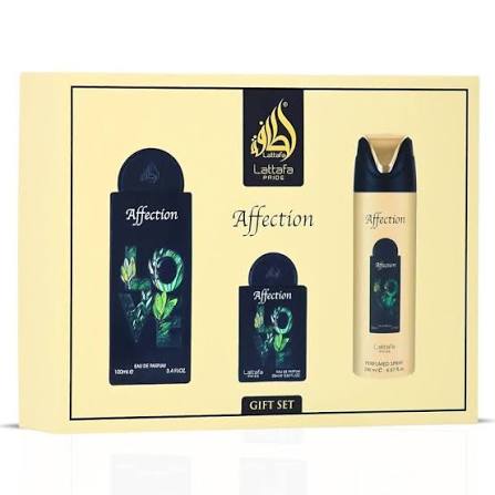 GIFT SET LATTAFA AFFECTION 3 PEZZI-Pistacchio, Nocciola e Ribes Nero; Lattone, Gelsomino, Mughetto e Lampone;Vaniglia e Fava Tonka.