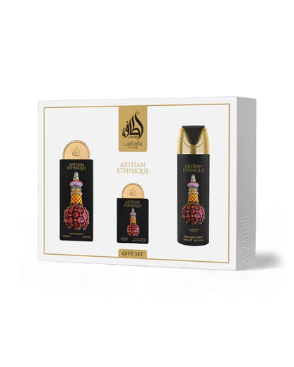 GIFTSET LATTAFA ARTISAN ETNIQUE-Rum, Cannella e Zucchero; le note di cuore sono Caramello, Cacao, Caffè e Muschio di Quercia; le note di base sono Vaniglia, Fava Tonka, Legno di Cashmere e Labdano.