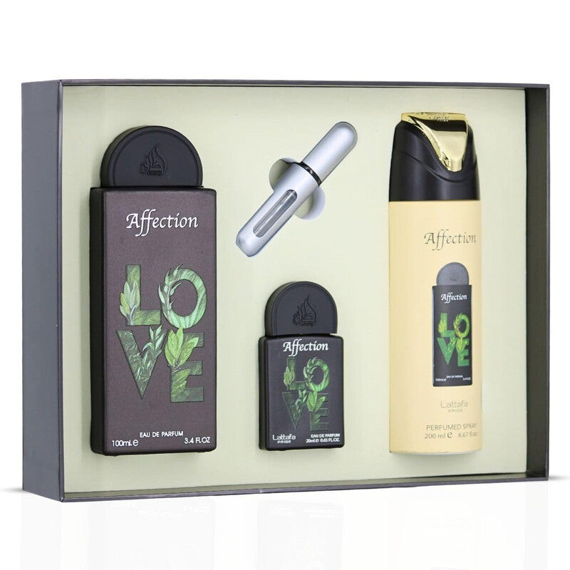 GIFT SET LATTAFA AFFECTION 3 PEZZI-Pistacchio, Nocciola e Ribes Nero; Lattone, Gelsomino, Mughetto e Lampone;Vaniglia e Fava Tonka.