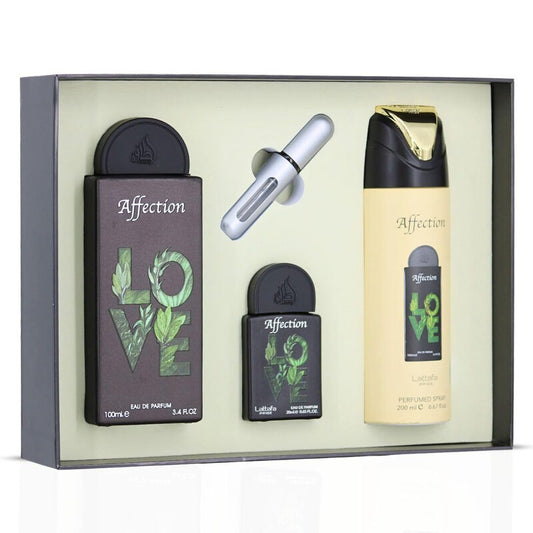 GIFT SET LATTAFA AFFECTION 3 PEZZI-Pistacchio, Nocciola e Ribes Nero; Lattone, Gelsomino, Mughetto e Lampone;Vaniglia e Fava Tonka.