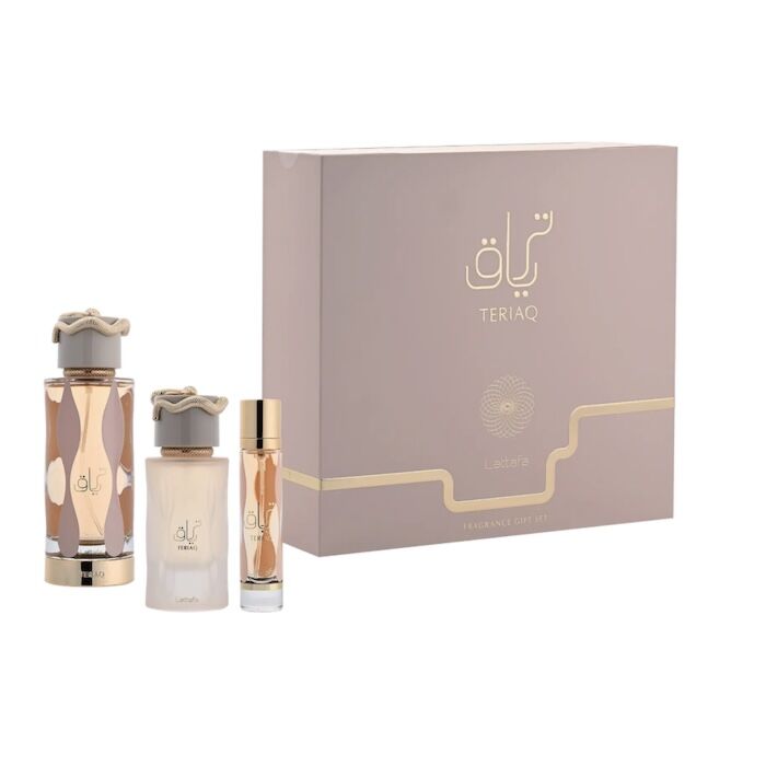 GIFT SET LATTAFA TERIAQ 3 PEZZI-Caramello, Mandorla Amara, Albicocca e Pepe Rosa; Miele, Rabarbaro, Fiori Bianchi e Rosa; Cuoio, Vaniglia, Muschio, Labdano e Vetiver.