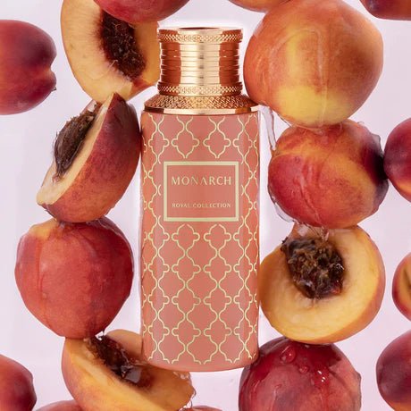 PROFUMO ARABO MONARCH MAISON ASRAR-Pesca, Cardamomo e Cannella; Gelsomino, Latte e Cocco; Muschio, Eliotropio e Patchouli.