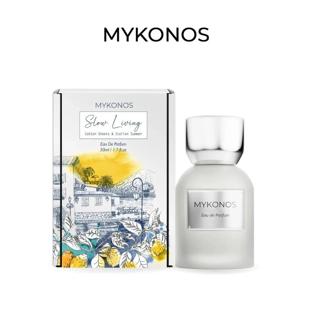 MYKONOS SLOW LIVING EXTRAIT 50ML-Limone, Bergamotto, Arancia, Pompelmo e Note Fruttate;Fiori Bianchi, Giglio, Gelsomino, Lampone e Rosa Tea; Muschio, Sandalo, Legno di Cedro, Ambra e Vaniglia.