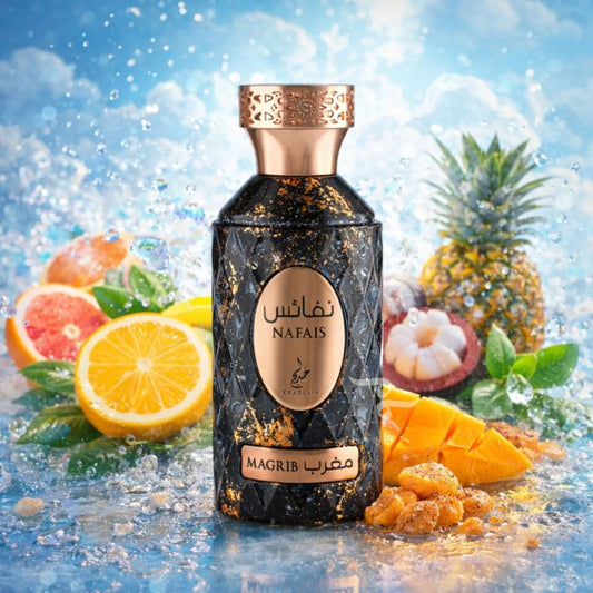 PROFUMO ARABO NAFAIS MAGRIB KHADLAJ-Mandarino, Pompelmo e Yuzu; Frutti Tropicali e Galbano;Aldeidi, Note Ozoniche e Muschio.