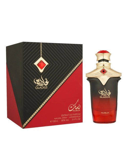 GLADIUS NUSUK EXTRAIT 100ML- Malina, Mandaryn i Bergamotka; Kardamon i Gałka muszkatołowa; Drewno cedrowe, Ambra i Skóra zamszowa.