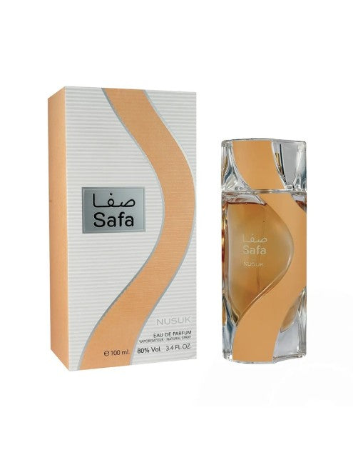NUSUK SAFA EDP 100ML- Pianka marshmallow, Truskawka, Bita śmietana i Cytryna; Cukier, Malina, Mleko, Nektarynka i Kokos; Wanilia, Piżmo i Ambroxan.