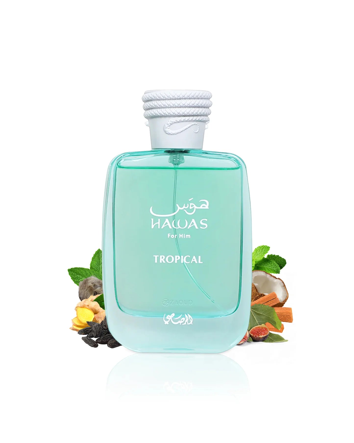 PROFUMO ARABO HAWAS TROPICAL  Acqua di Cocco, Foglia di Fico e Zenzero; le note di cuore sono Cocco, Fico e Menta; le note di base sono Sandalo, Fava Tonka e Muschio.