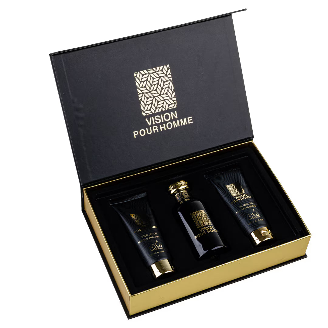 GIFT SET NUSUK VISION HOMME 3 PEZZI-Bergamotto, Mandorla e Neroli; Ylang Ylang, Fresia e Peonia; Fava Tonka, Muschio e Vaniglia.