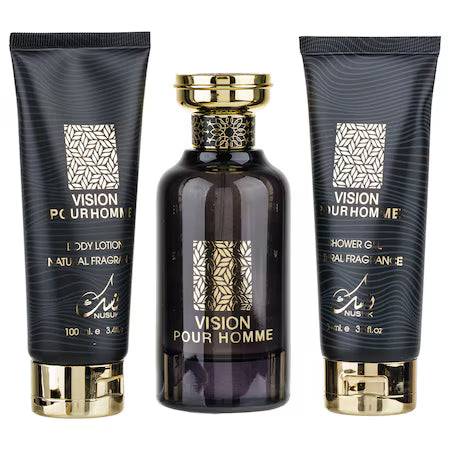 GIFT SET NUSUK VISION HOMME 3 PEZZI-Bergamotto, Mandorla e Neroli; Ylang Ylang, Fresia e Peonia; Fava Tonka, Muschio e Vaniglia.