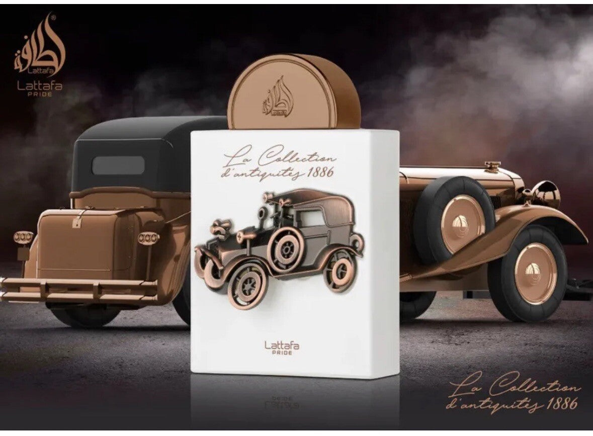 LA COLLECTION D'ANTIQUITES 1886 LATTAFA PRIDE-Bergamotto e Erba Mate; le note di cuore sono Iris, Fava Tonka, Gelsomino, Cannella e Corteccia; le note di base sono Cioccolato Bianco, Vaniglia, Tab Bianco, Muschio Bianco e Patchouli.