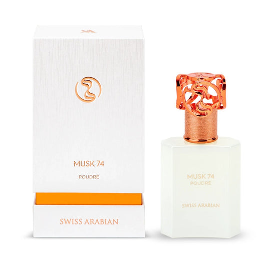PROFUMO ARABO MUSK 74 POUDRE SWISS ARABIAN-Aldeidi, Muschio e Ylang Ylang; Eliotropio, Fiori Bianchi, Muschio Bianco e Iris; Note Talcate, Muschio, Vaniglia e Note Balsamiche.