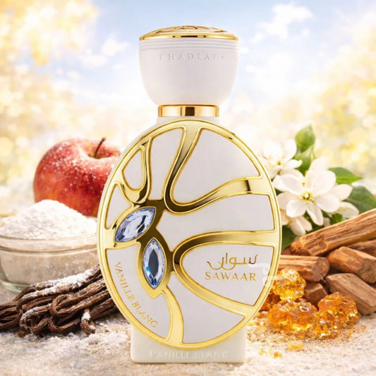 PROFUMO ARABO SAWAAR VANILLE BLANC KHADLAJ -Vaniglia, Zucchero a Velo e Mela; Legno di Cashmere, Ambra e Fiori Bianchi;Vaniglia, Sandalo e Benzoino.