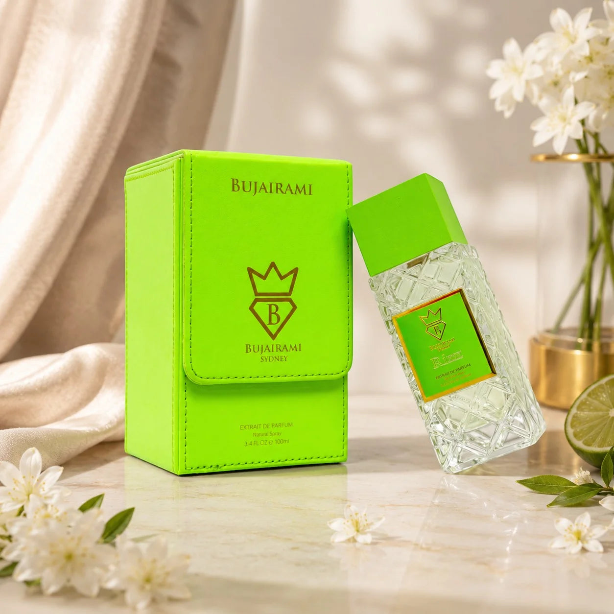 BUJAIRAMI RIZZ EXTRAIT 100ML-gemello di meteore -Mandarino, Arancia Siciliana, Bergamotto Calabrese-Neroli tunisino, Noce moscata indonesiana, Pepe rosa, Pepe, Cardamomo guatemalteco-Olio di Vetiver di Giava