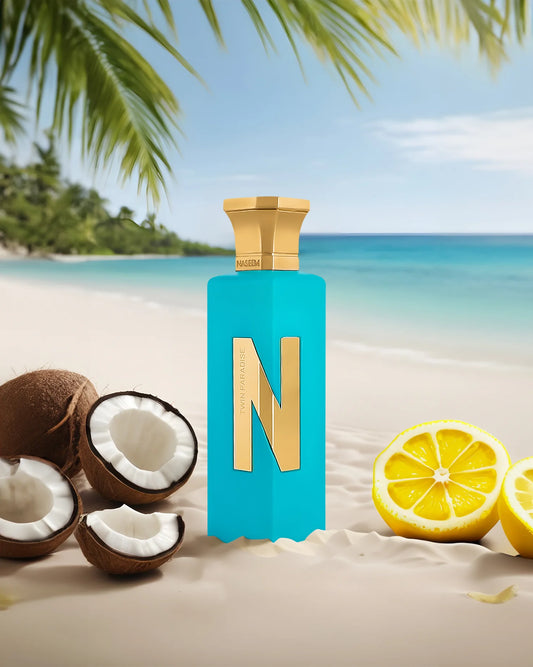 Naseem Twin Paradise Aqua Perfume Alcohol-Free 75ML-Pesca, Cocco, Bergamotto e Fiore d'Arancio; le note di cuore sono Gardenia, Tuberosa, Eliotropio, Gelsomino e Iris; le note di base sono Vaniglia, Sandalo, Note Legnose e Ambra Grigia.